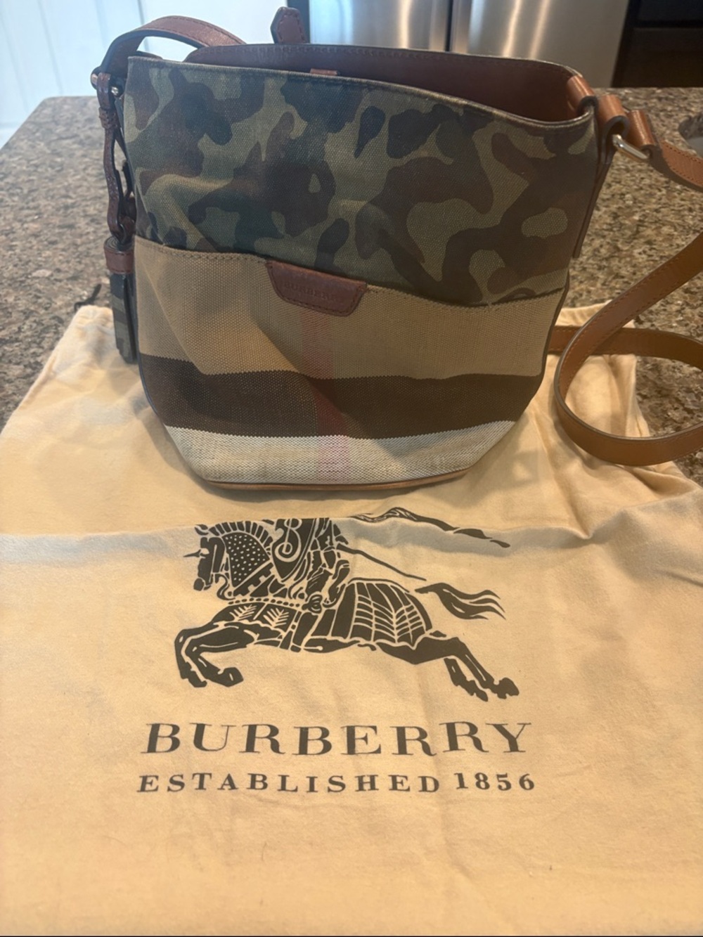 Burberry Camouflage Canvas Messenger Bag with Brown Leather Trim